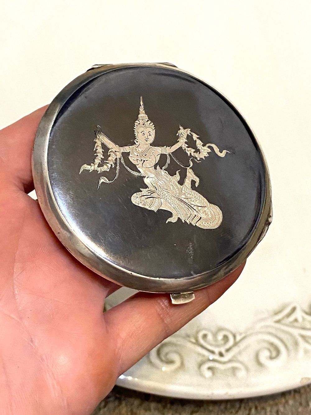 96g Sterling Silver Vintage Siam Niello Powder Compact 925